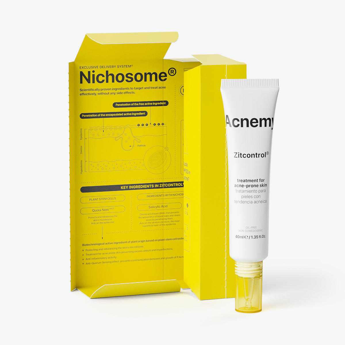 Eine Tube Acnemy Zitcontrol® mit geöffneter Verpackung vor weißem Hintergrund