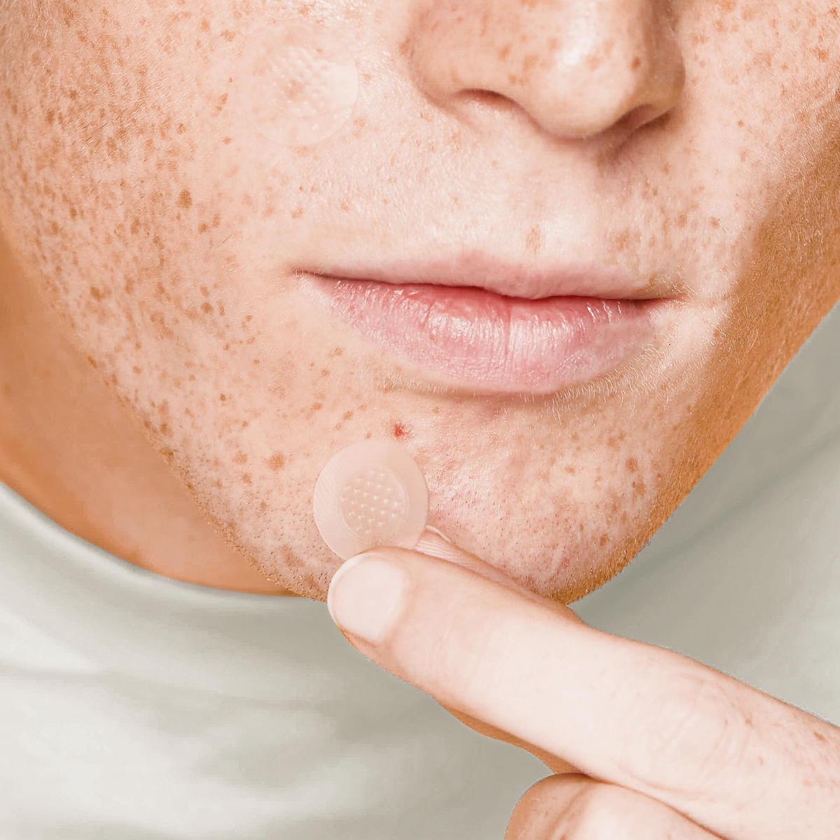 Ein Acnemy Zitless® Patch, der von einer Person am Kinn angebracht wird