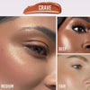 Drei Nahaufnahmen zeigen den Vision Flush Glow Crave auf dunkler, mittlerer und heller Haut.