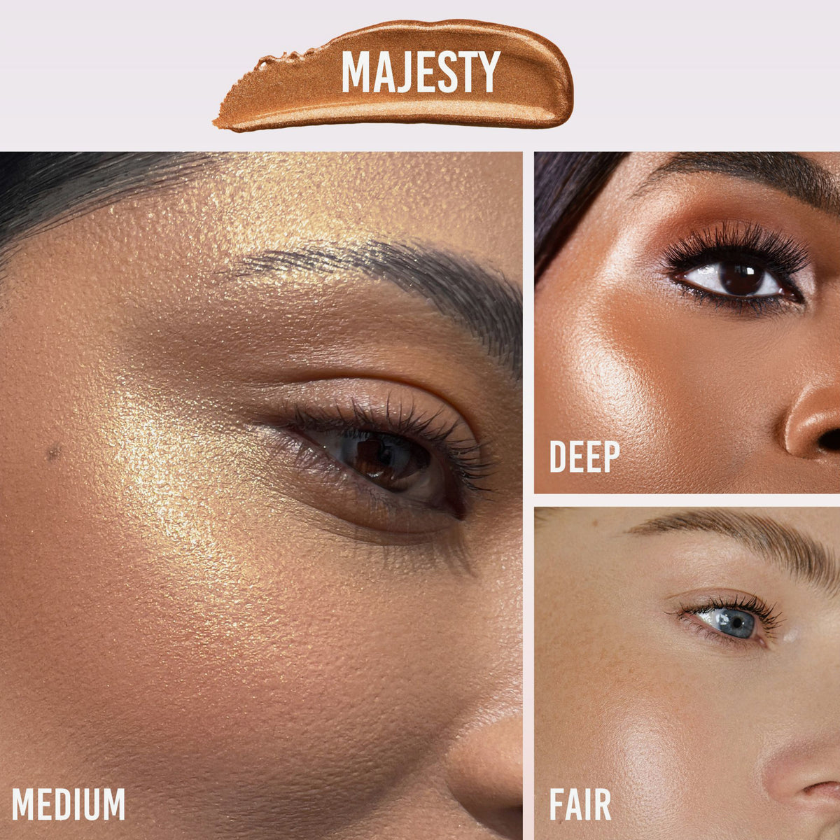 Drei Nahaufnahmen zeigen den Vision Flush Glow Majesty auf dunkler, mittlerer und heller Haut.