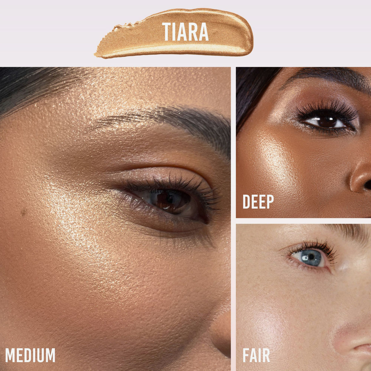 Drei Nahaufnahmen zeigen den Vision Flush Glow Tiara auf dunkler, mittlerer und heller Haut.