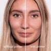 Nahaufnahme des Gesichts einer Frau ohne (glänzend) und mit dem Matte Attack Primer von LH Cosmetics (mattiert).