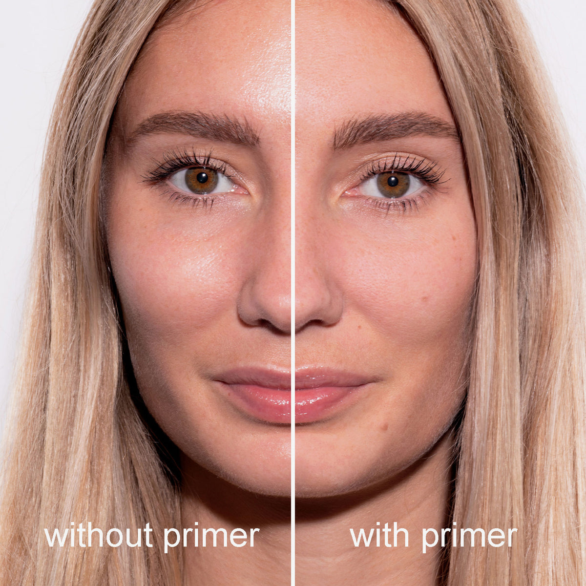 Nahaufnahme des Gesichts einer Frau ohne (glänzend) und mit dem Matte Attack Primer von LH Cosmetics (mattiert).