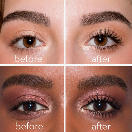 Zwei Vorher-Nachher-Bilder von Augen mit und ohne Infinity Power Lash Soft Volume Mascara; nachher definiertere schwarze Wimpern.