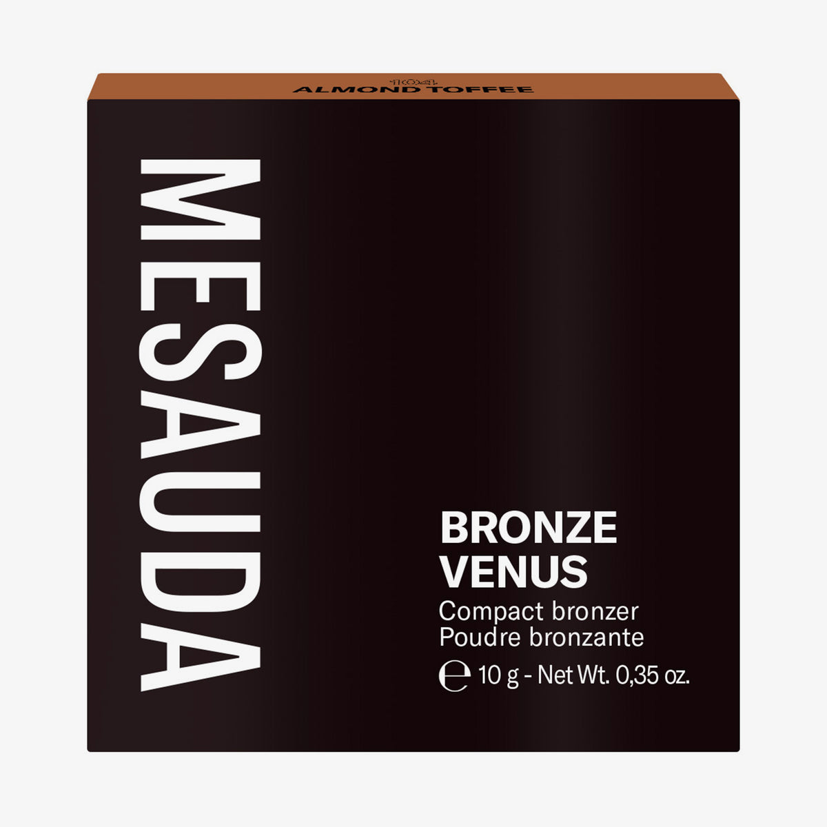 Die schwarze Schachtel des Mesauda Beauty Bronze Venus Bronzers aufrecht vor einem weißen Hintergrund.
