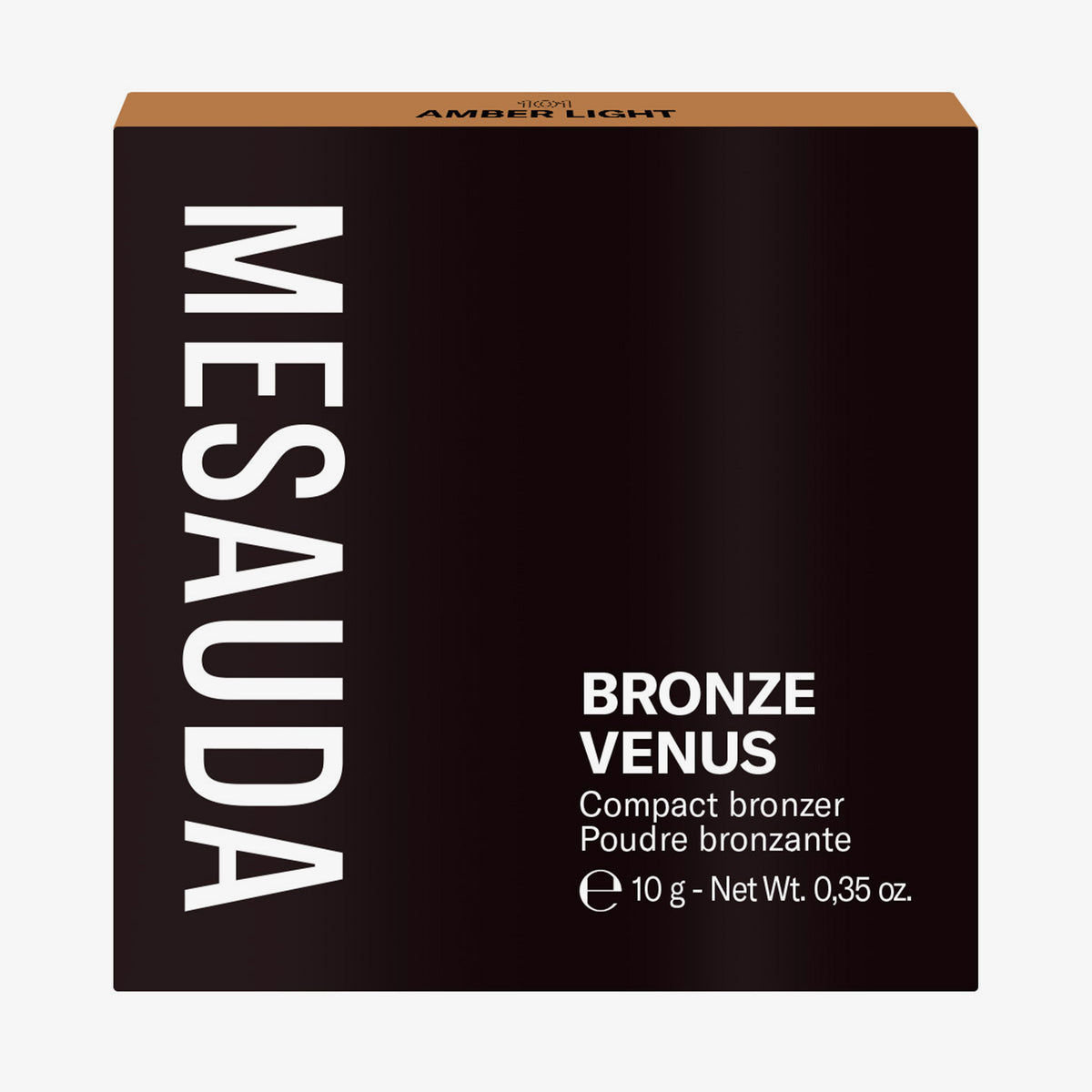 Mesauda Beauty Bronze Venus ist ein kompakter Bronzer in einer schwarzen Schachtel mit weißem Text und einem Etikett mit einem Nettogewicht von 10 g.
