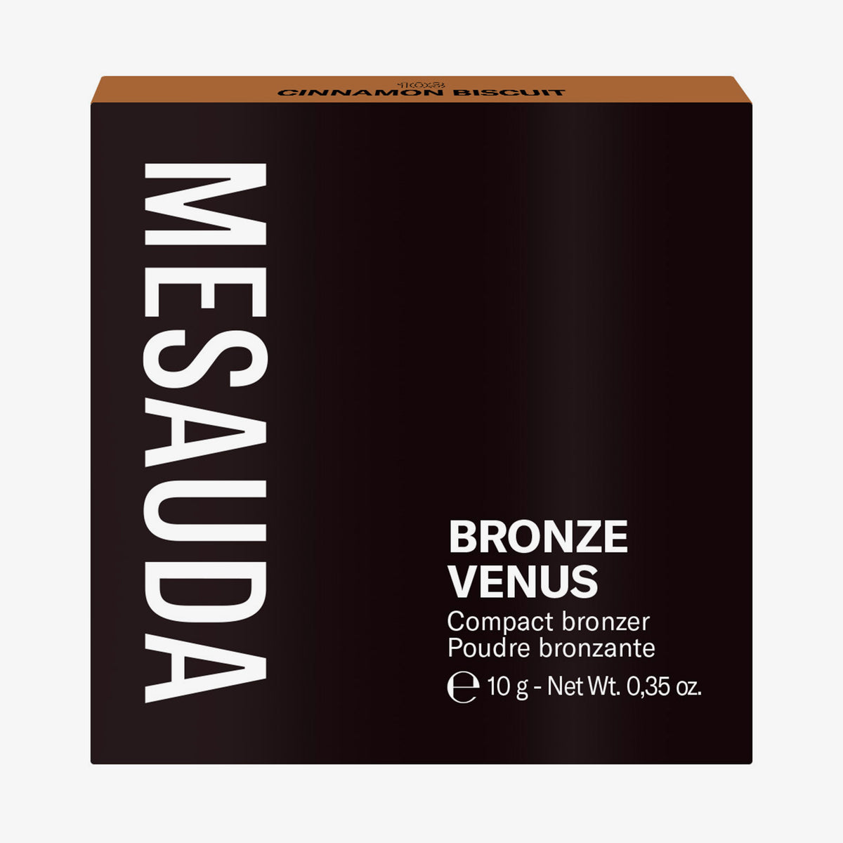 Die schwarze Schachtel des Mesauda Beauty Bronze Venus Bronzers aufrecht vor einem weißen Hintergrund.
