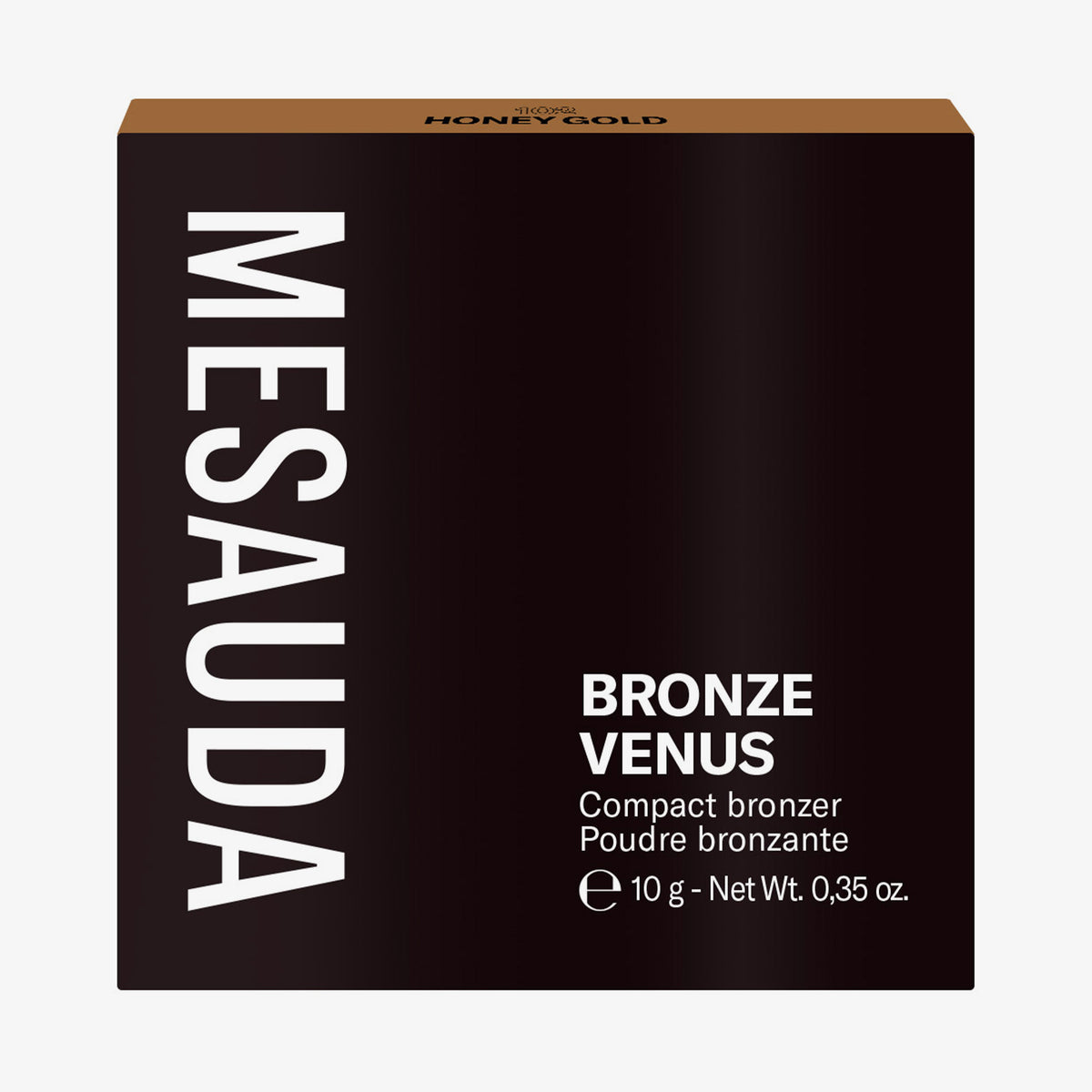 Die schwarze Schachtel des Mesauda Beauty Bronze Venus Bronzers aufrecht vor einem weißen Hintergrund.
