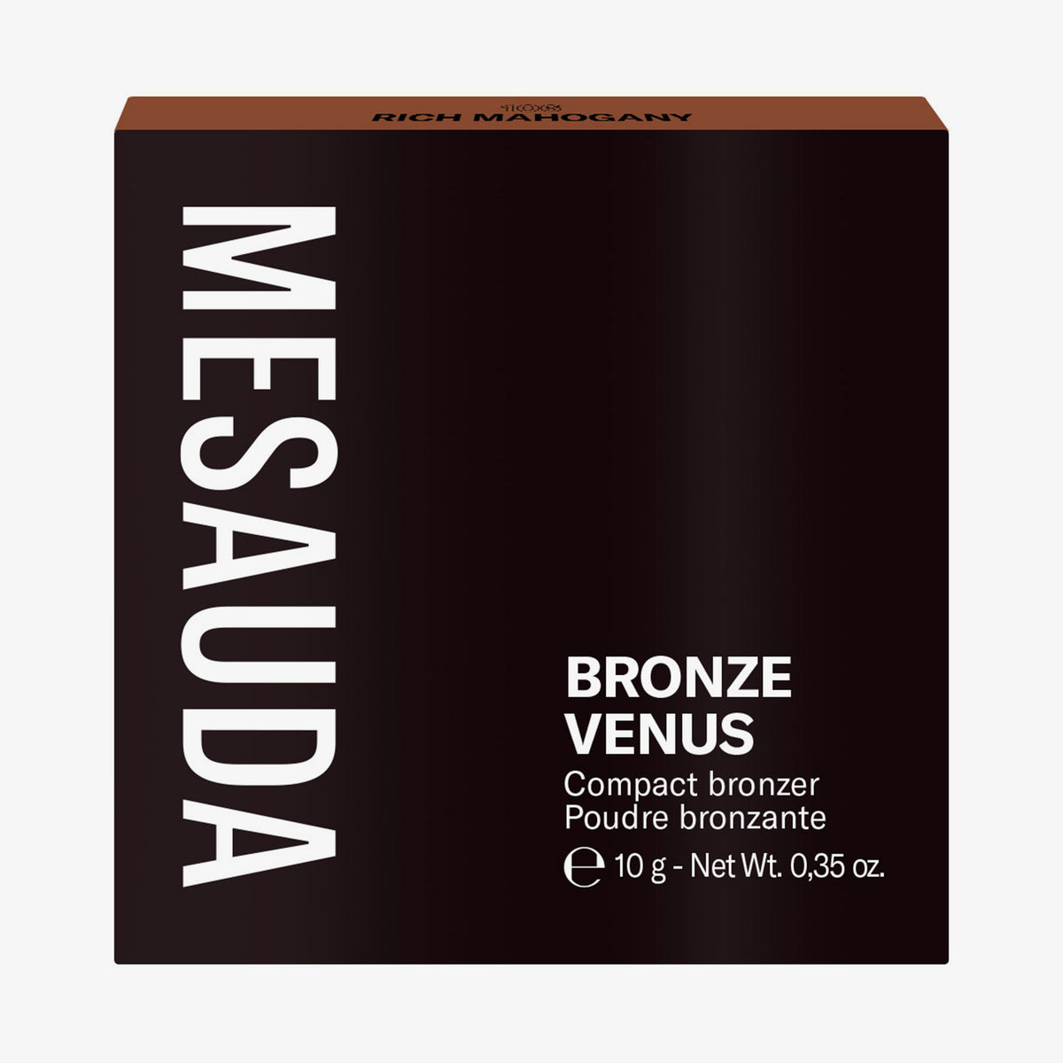 Die schwarze Schachtel des Mesauda Beauty Bronze Venus Bronzers aufrecht vor einem weißen Hintergrund.
