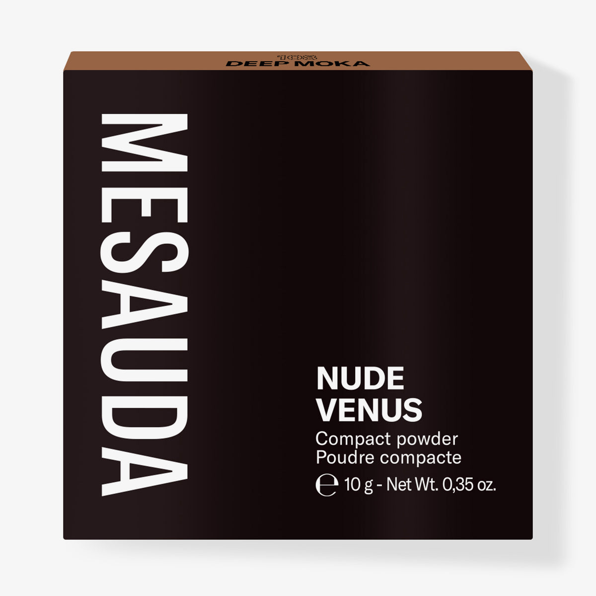 Die schwarze Schachtel des Mesauda Beauty Nude Venus Puders aufrecht vor einem weißen Hintergrund.
