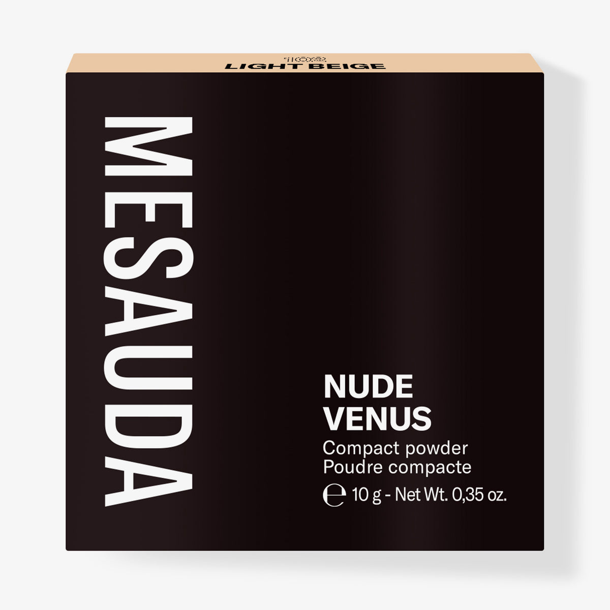 Die schwarze Schachtel des Mesauda Beauty Nude Venus Puders aufrecht vor einem weißen Hintergrund.
