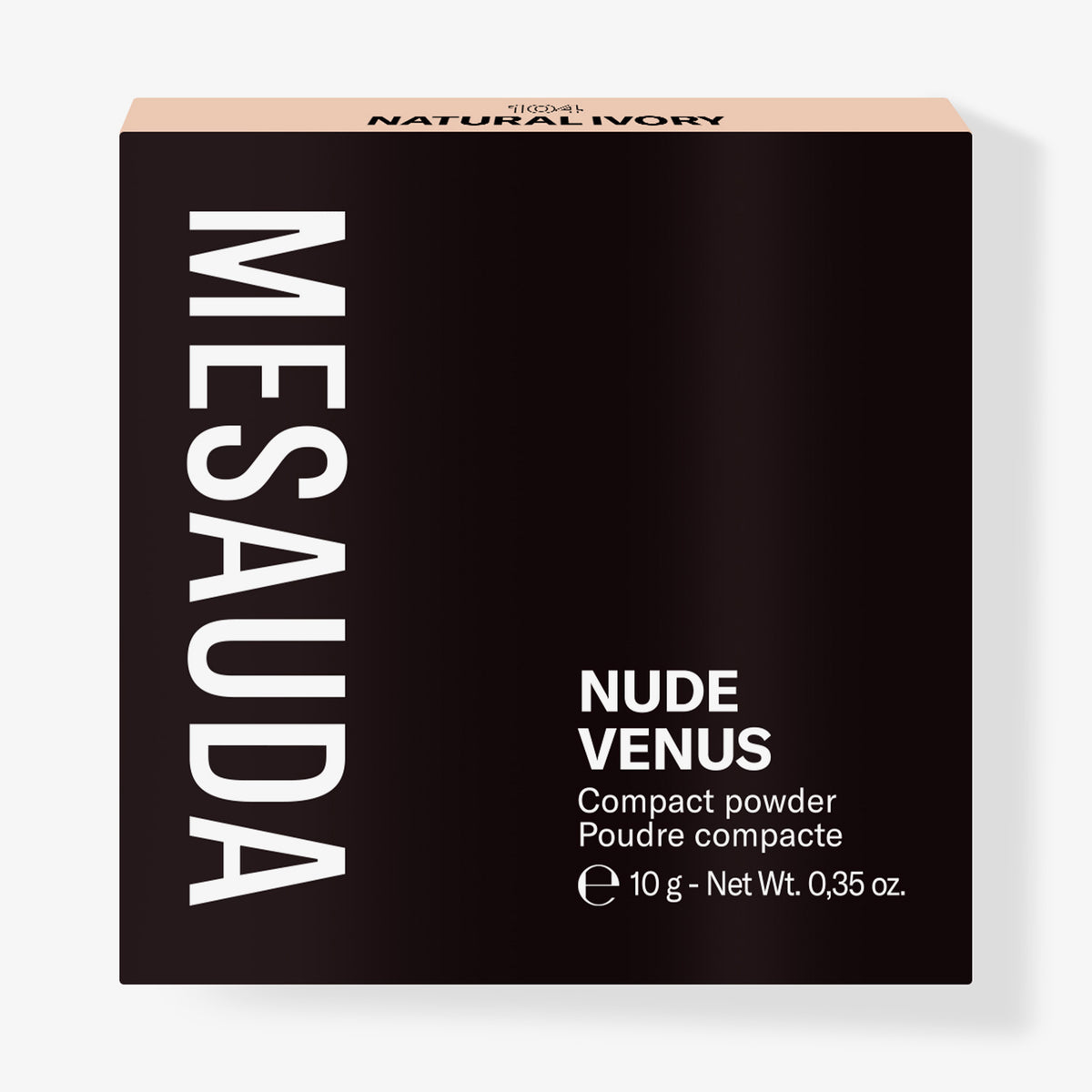 Die schwarze Schachtel des Mesauda Beauty Nude Venus Puders aufrecht vor einem weißen Hintergrund.
