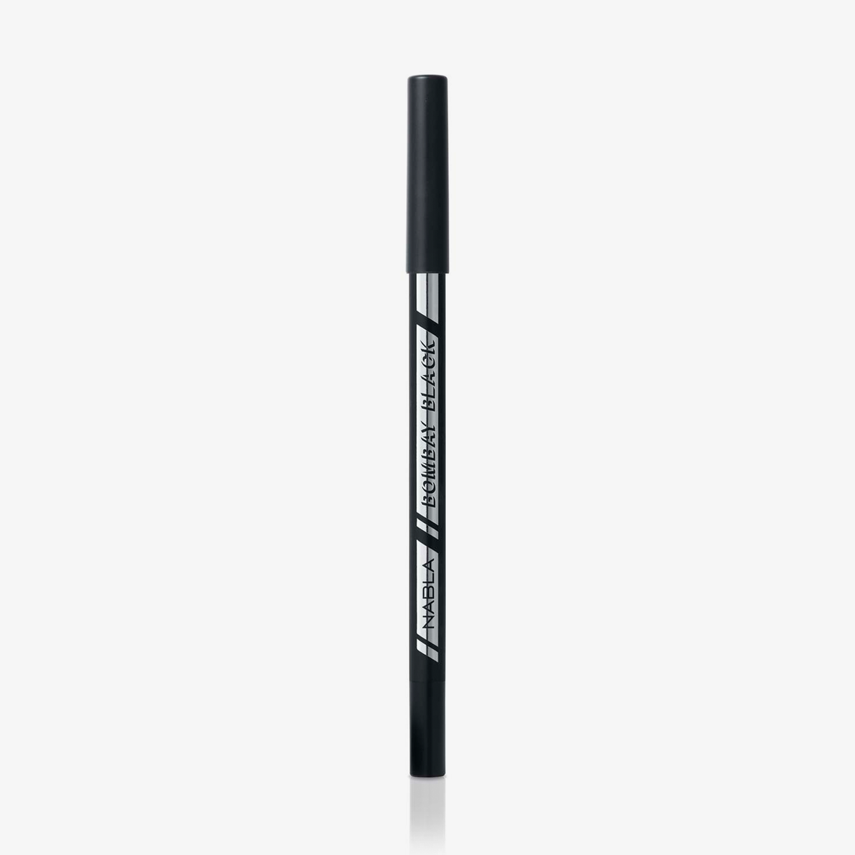 Auf weißem Hintergrund ist ein schwarzer wasserfester Kajalstift mit schwarzer Kappe und der Aufschrift „Bombay Black Waterproof Eye Pencil“ abgebildet.
