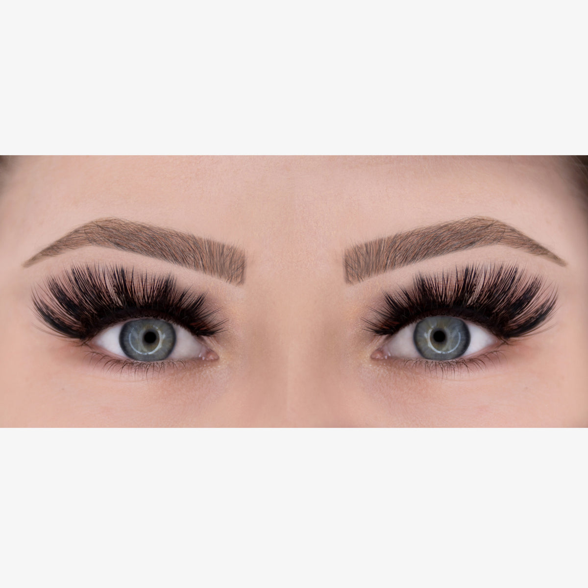 Nahaufnahme blauer Augen mit kräftigen, geschwungenen Brauen und dicken, dramatischen NICLAY HD Soft Lashes für einen atemberaubenden Look.