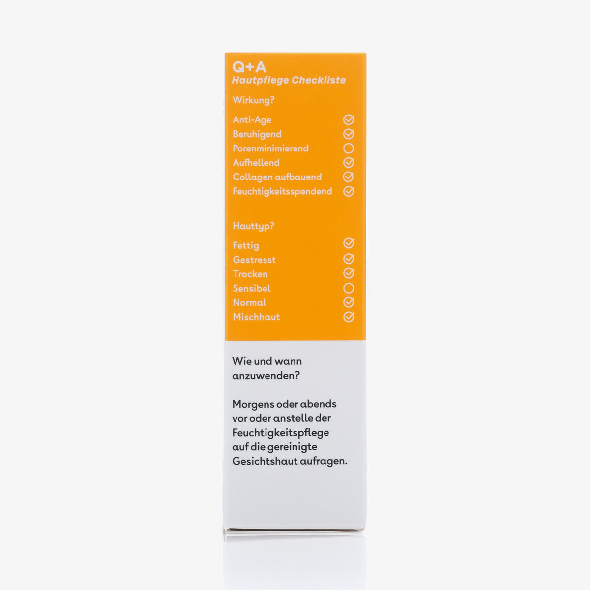 Weiß-gelbfarbene Box mit Checkliste mit detaillierten Angaben zu den Produktvorteilen und geeigneten Hauttypen.