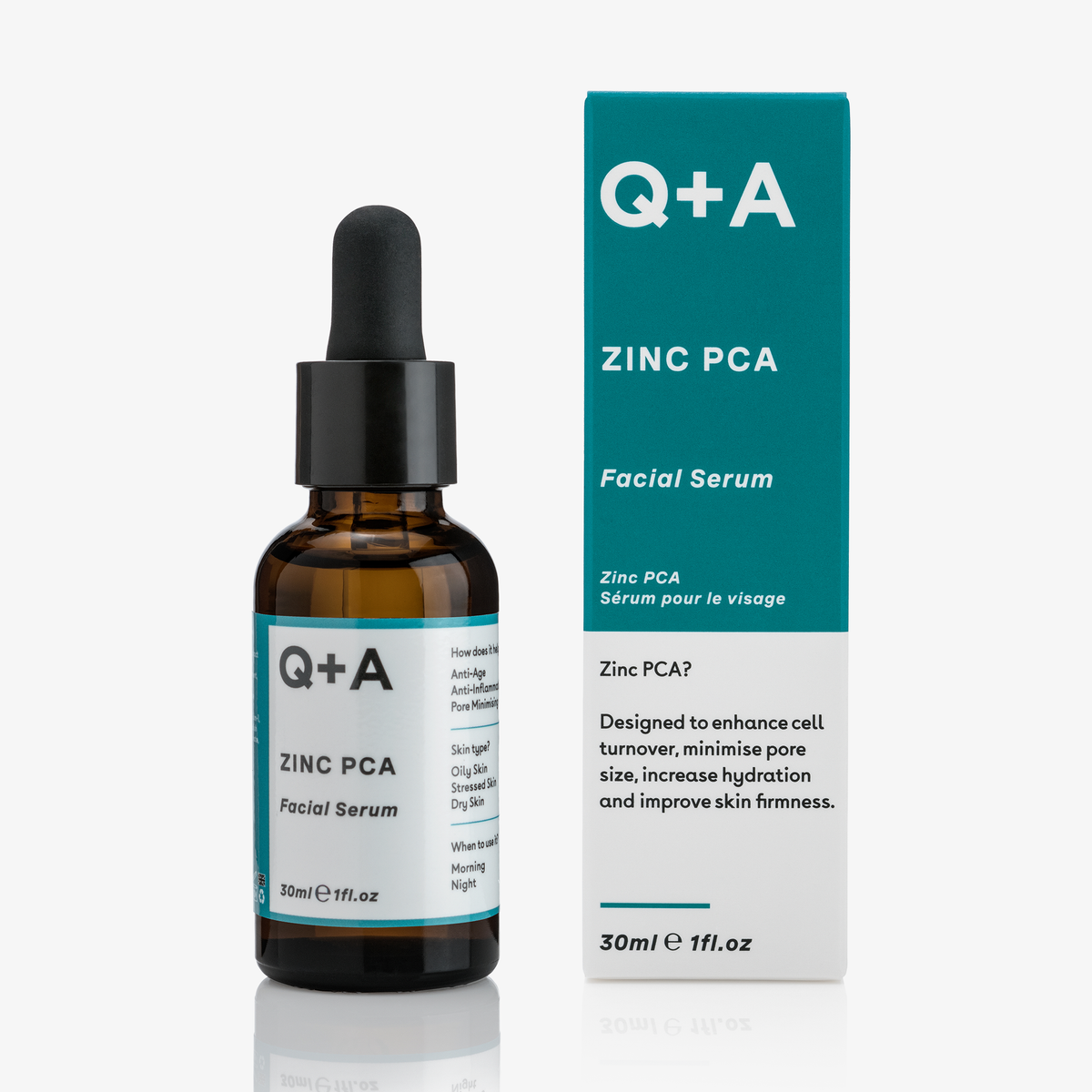 Eine Flasche und eine Schachtel Zink-PCA-Gesichtsserum mit sichtbaren Produktdetails auf der Verpackung.