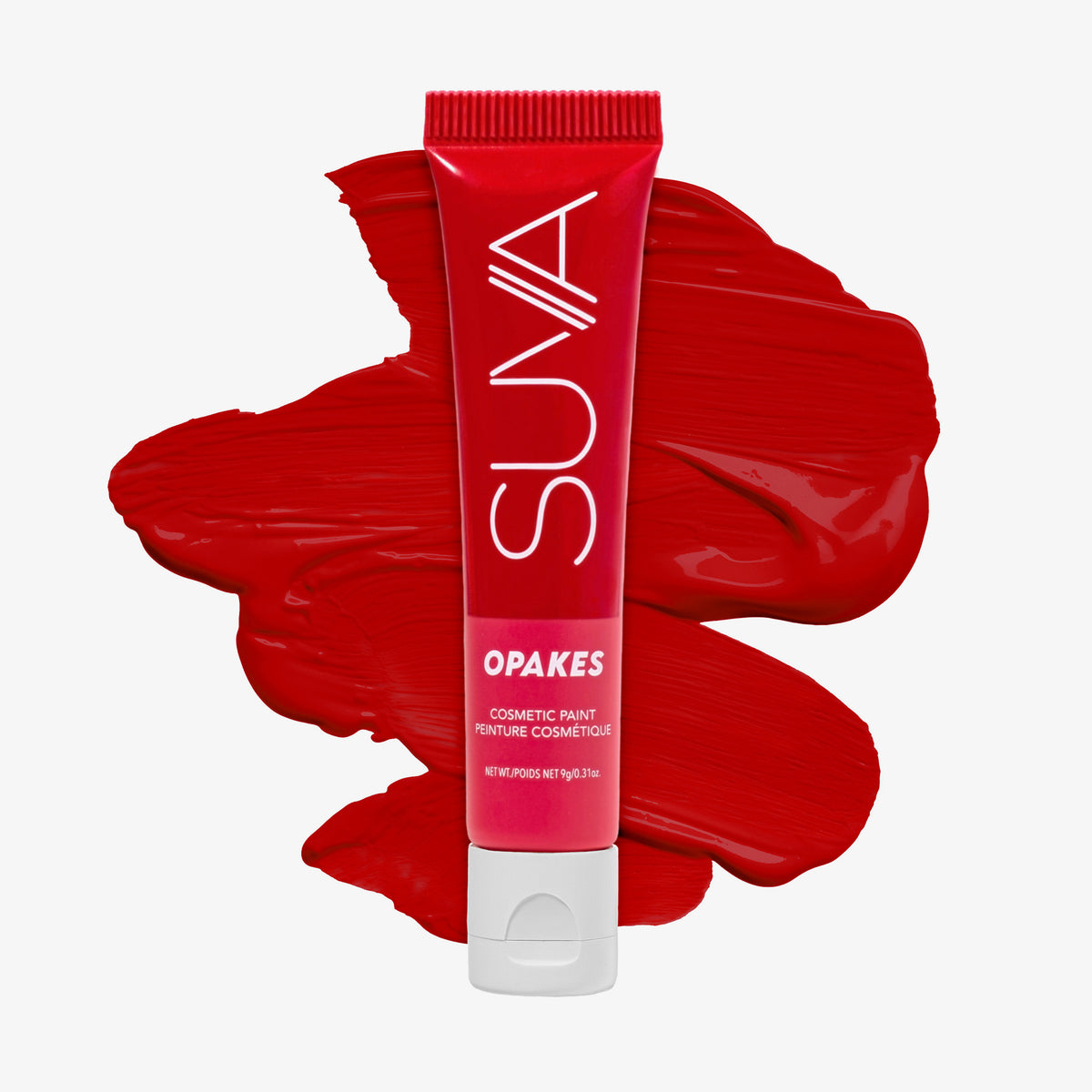 Rote Tube Opakes Cosmetic Paint mit einem Hintergrund aus roten Farbmuster.