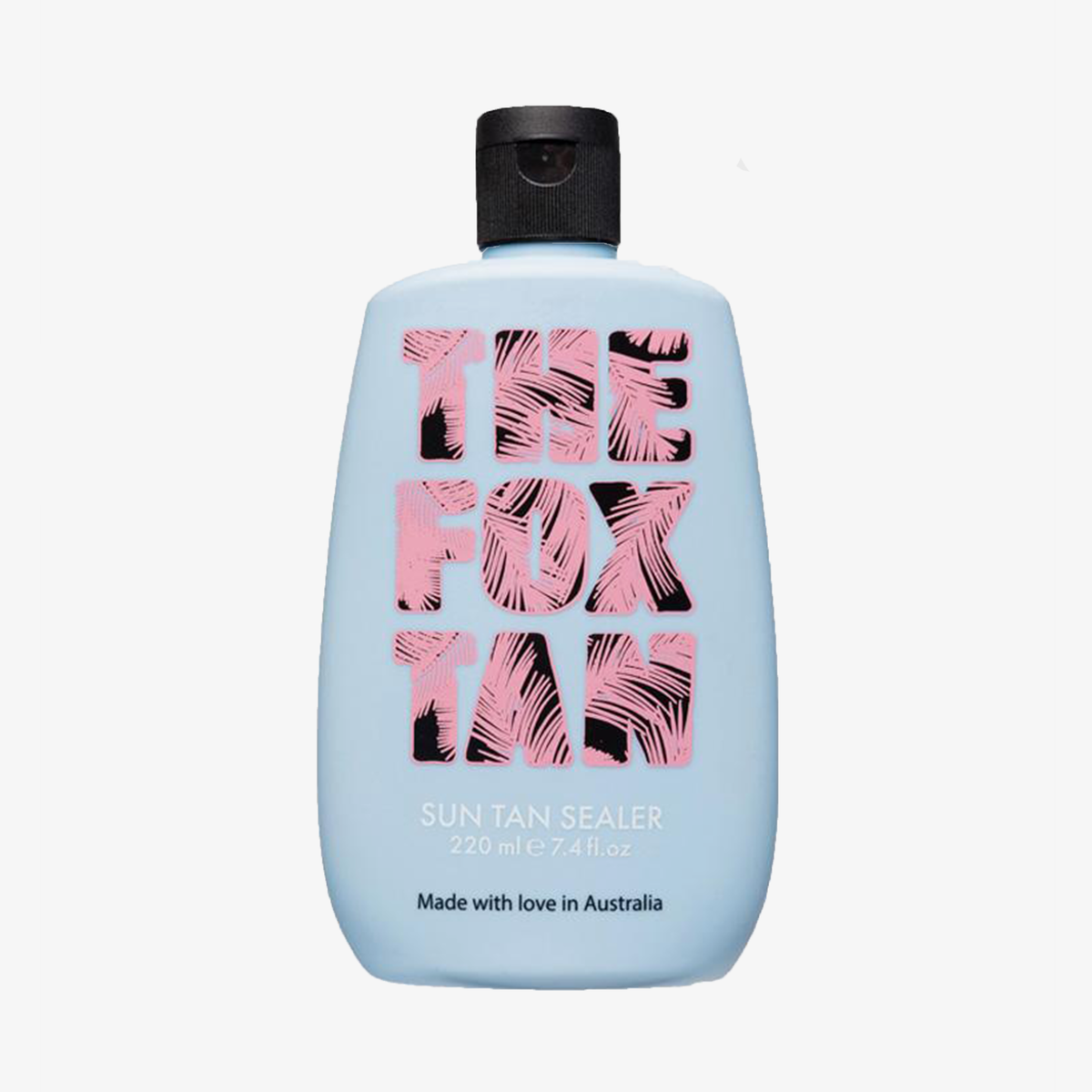 Hellblaue Flasche mit der Aufschrift „Sun Tan Sealer“ und schwarzem Deckel, hergestellt in Australien von THE FOX TAN.