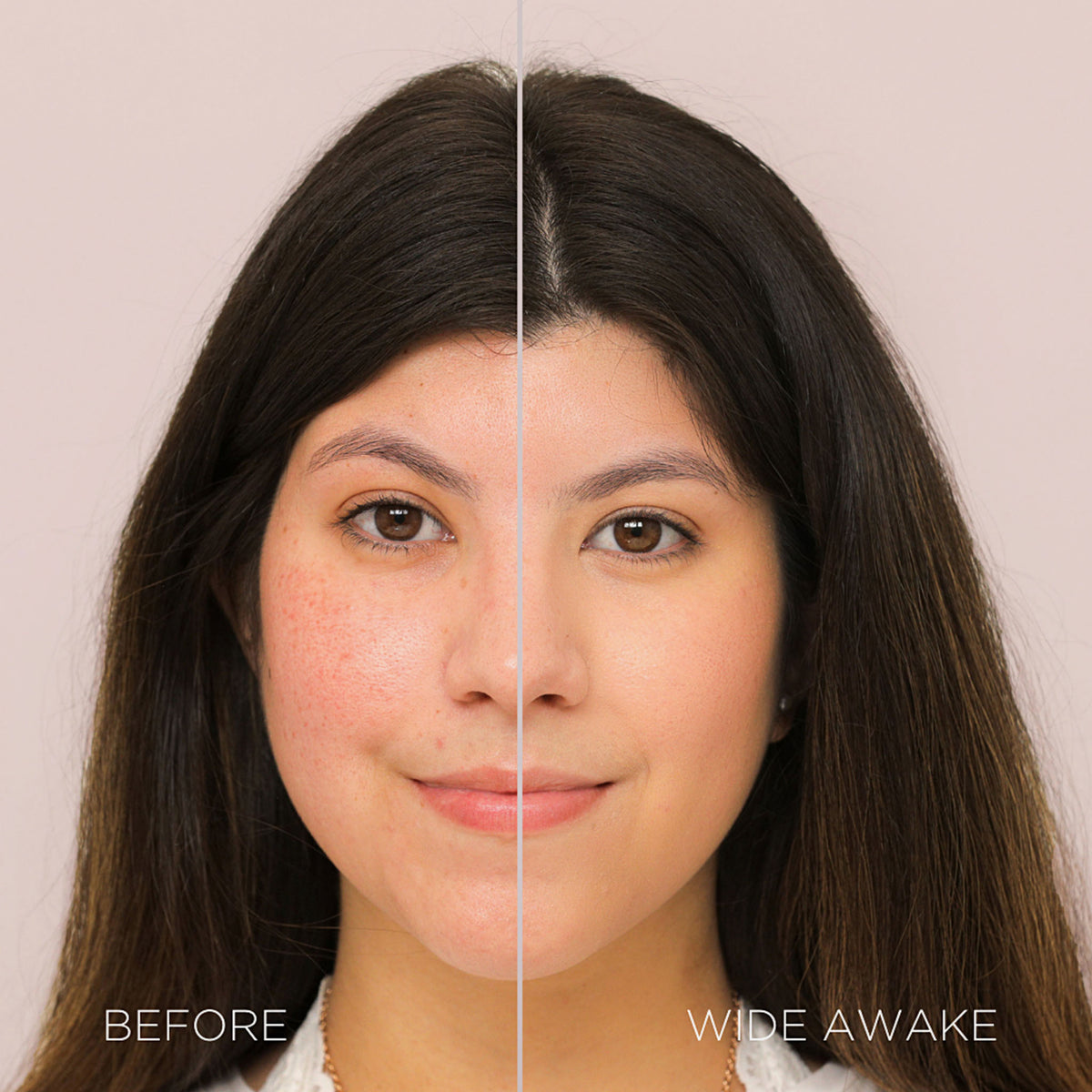 Das geteilte Bild des Gesichts einer Frau zeigt Rötungen vor und glatte, ebenmäßige Haut nach dem Auftragen des Wide Awake Full Coverage Concealers.
