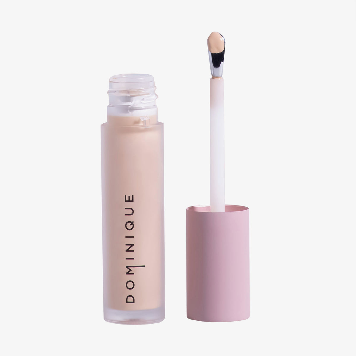 Auf weißem Hintergrund ist eine geöffnete Tube Wide Awake Full Coverage Concealer Oat Milk mit rosa Kappe und Applikatorstab abgebildet.
