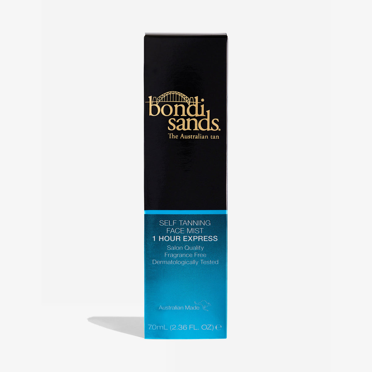 Schwarz blaue Verpackung des Bondi Sands Self Tanning Face Mist One Hour Express vor weißem Hintergrund