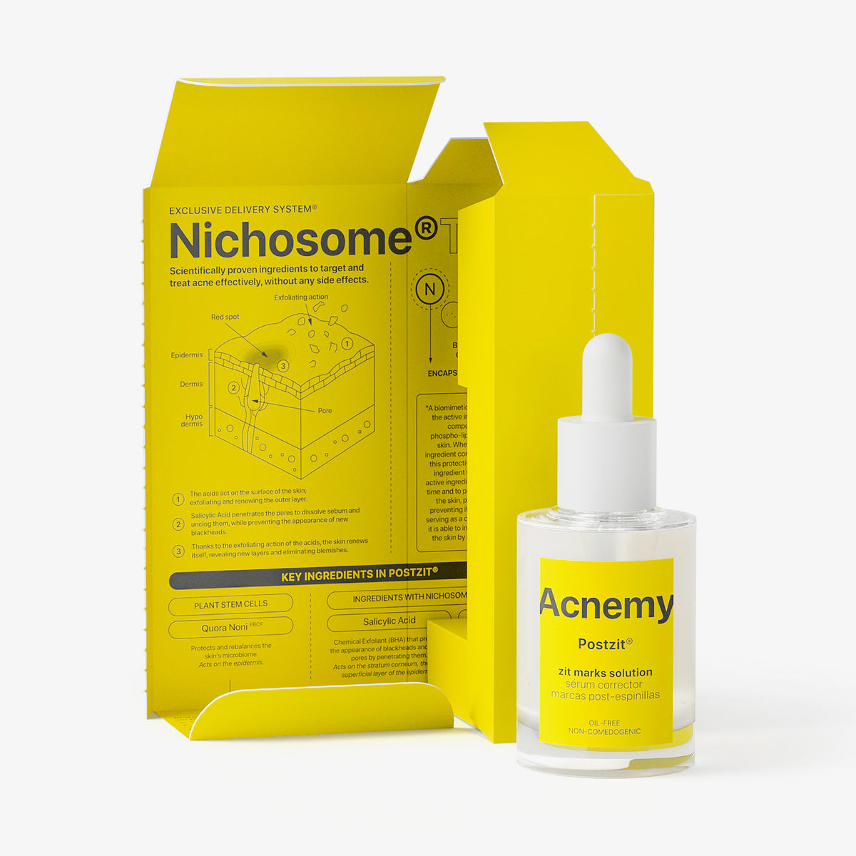 Eine Flasche Acnemy Postzit® plus geöffneter Verpackung vor weißem Hintergrund