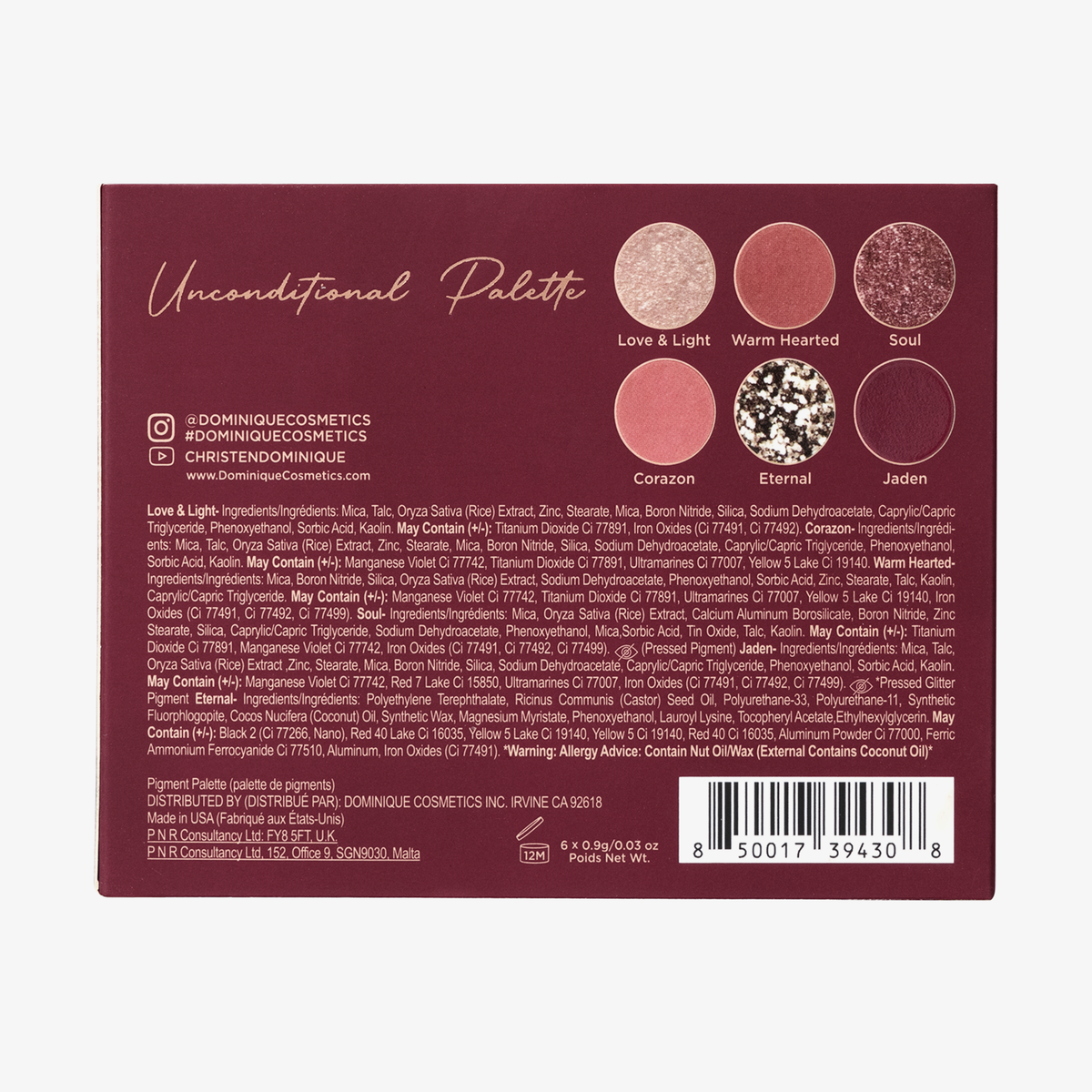 Rückseite der Unconditional-Palette mit Farbnamen, Zutatenliste und Markendetails auf burgunderfarbenem Hintergrund.
