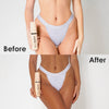 Vorher-Nachher-Bild einer Frau in grauer Unterwäsche, nachher deutlisch gebräunt mit einer Flasche Self Tanning Mousse Ultra Dark