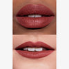 Zwei Lippen mit mattem LH Cosmetics Crayon Cherry in warmem Rosenholz-Ton, auf heller und dunkler Haut gezeigt. 