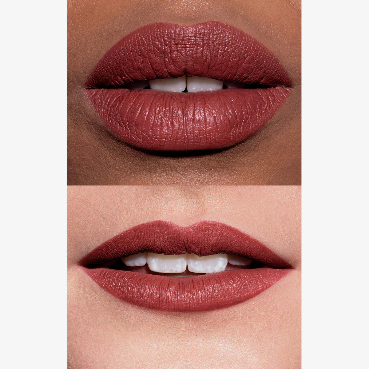 Zwei Lippen mit mattem LH Cosmetics Crayon Cherry in warmem Rosenholz-Ton, auf heller und dunkler Haut gezeigt. 