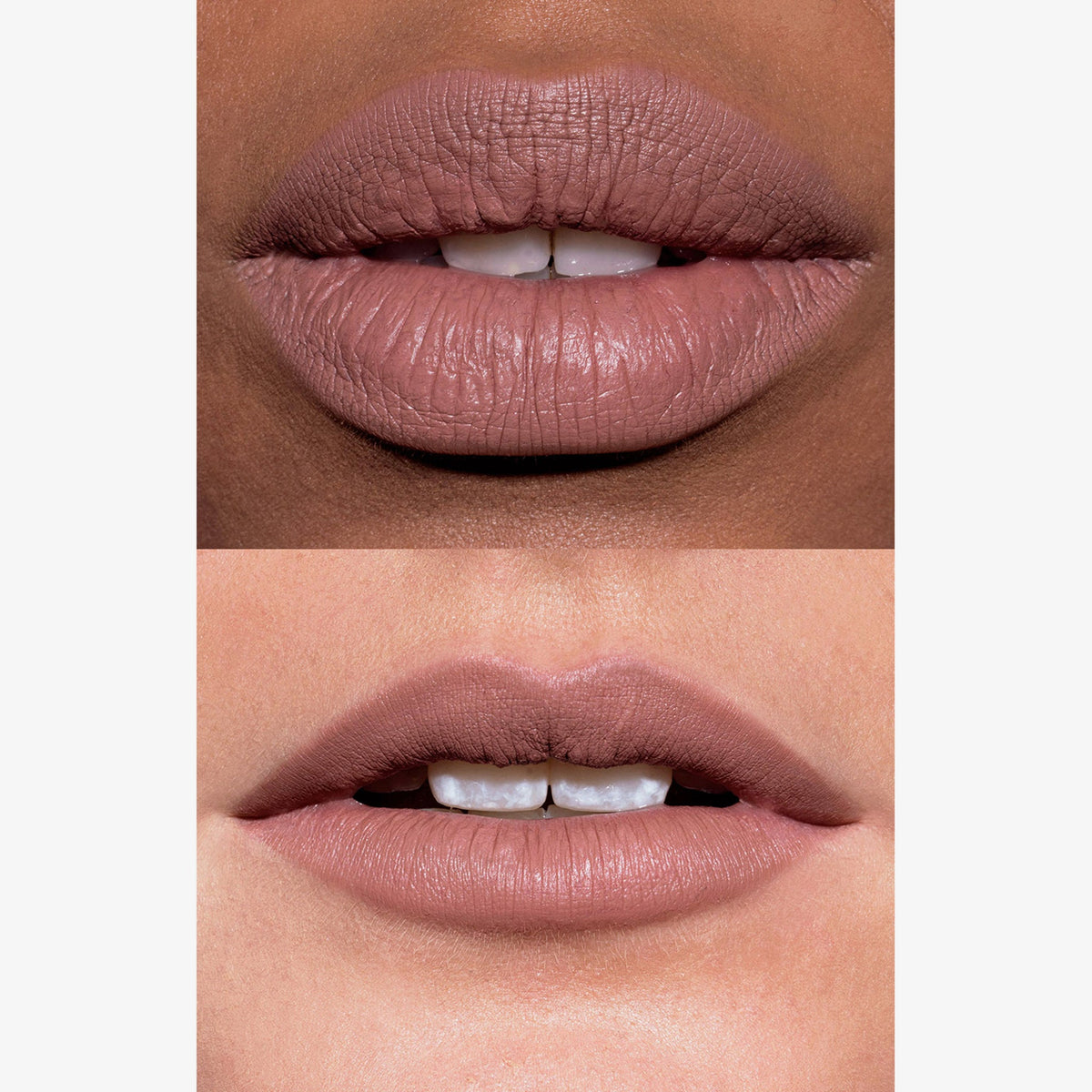 Zwei Lippen mit mattem LH Cosmetics Crayon Rosy Nougat in kühlem Rosenholz-Ton, auf heller und dunkler Haut gezeigt. 