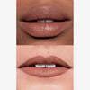 Zwei Lippen mit mattem LH Cosmetics Crayon Sepia in kühlem neutralem Braunton, auf heller und dunkler Haut gezeigt. 