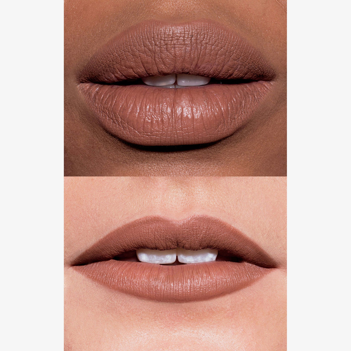 Zwei Lippen mit mattem LH Cosmetics Crayon Sepia in kühlem neutralem Braunton, auf heller und dunkler Haut gezeigt. 