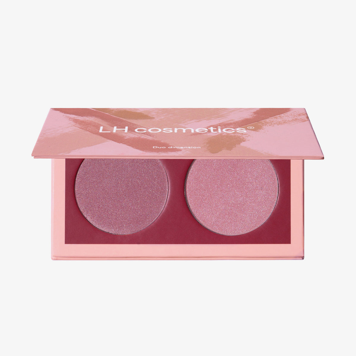 Geöffnete LH Cosmetics Duo Dimension Area Palette mit einem altrosanen und einem zartrosanen schimmernden Farbton auf weißem Hintergrund.