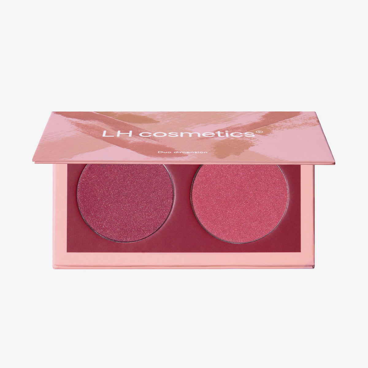 Geöffnete LH Cosmetics Duo Dimension Element Palette mit einem bordeauxrosanem und einem himbeerroten schimmernden Farbton auf weißem Hintergrund.