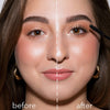 Vorher-Nachher-Bild des Gesicht einer Frau mit und die LH Cosmetics Infinity Power Lash Soft Volume Mascara; nachher definierte schwarze Wimpern.
