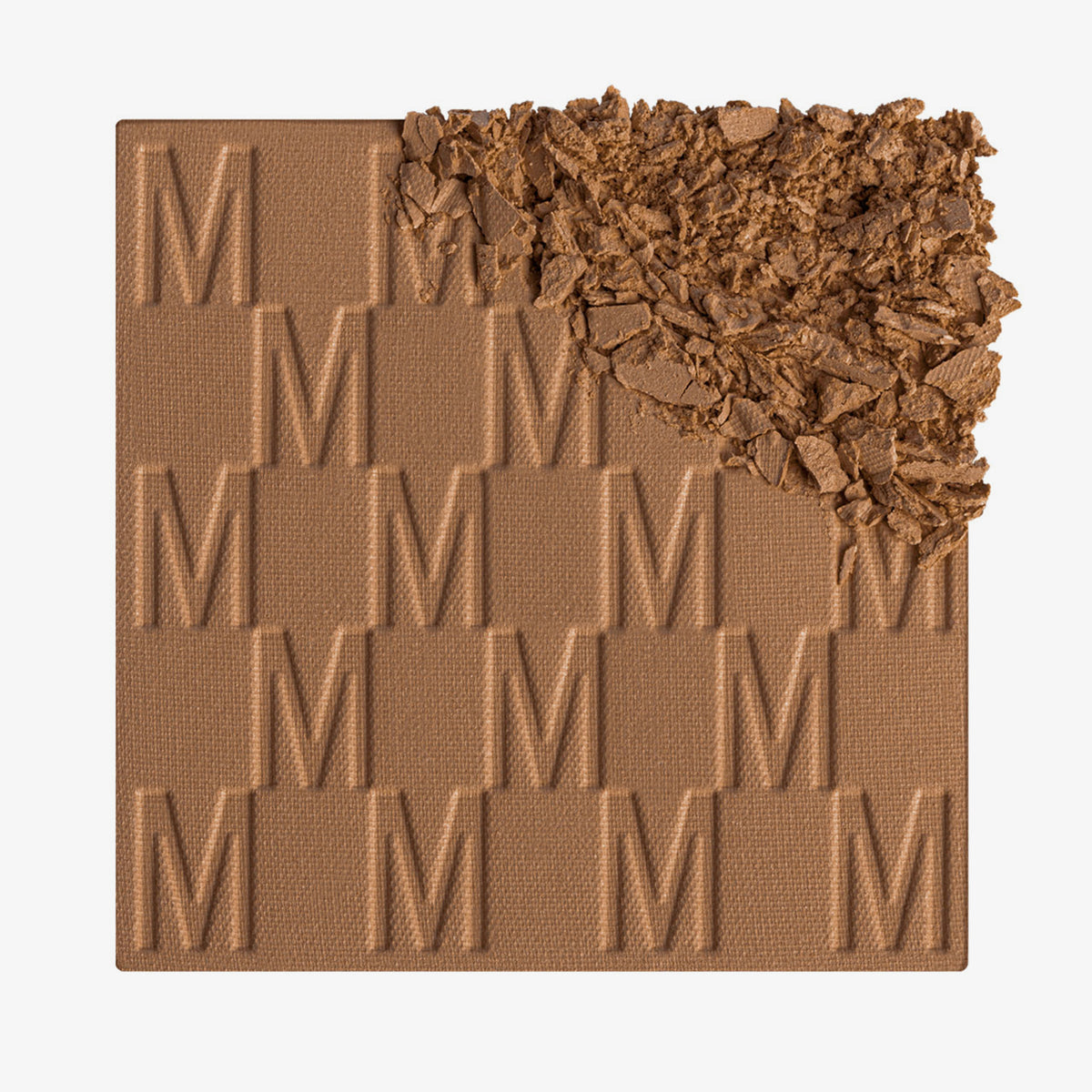 Der Bronzer Bronze Venus von Mesauda Beauty mit eingeprägtem M-Muster, die obere, rechte Ecke ist in losem Puder zerkleinert dargestellt.