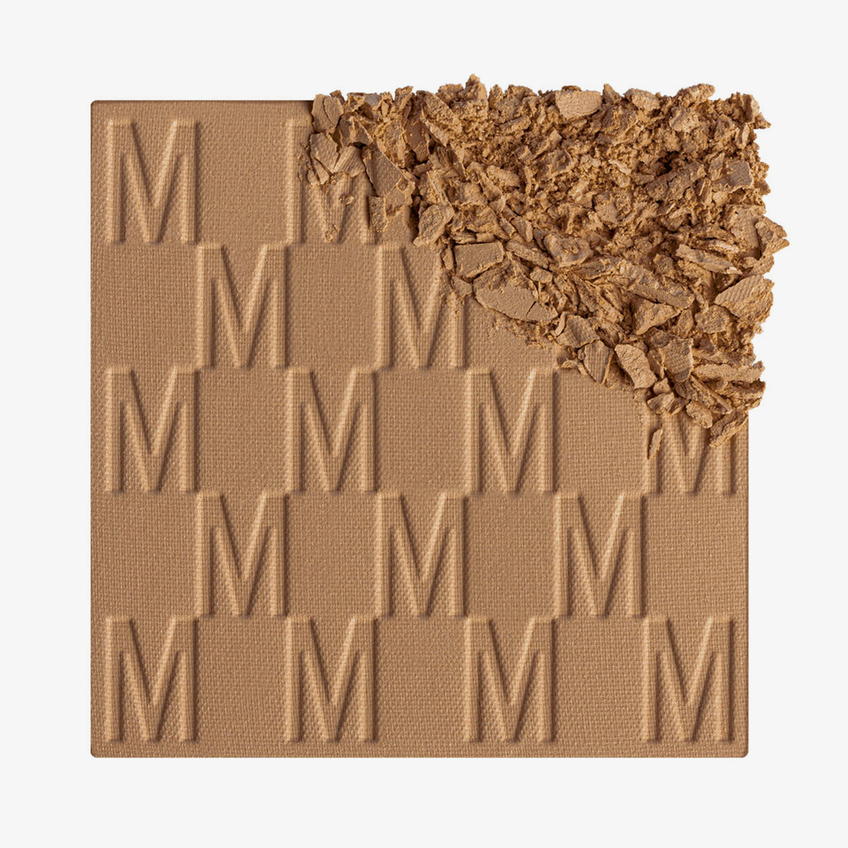Der Bronzer Bronze Venus von Mesauda Beauty mit eingeprägtem M-Muster, die obere, rechte Ecke ist in losem Puder zerkleinert dargestellt.
