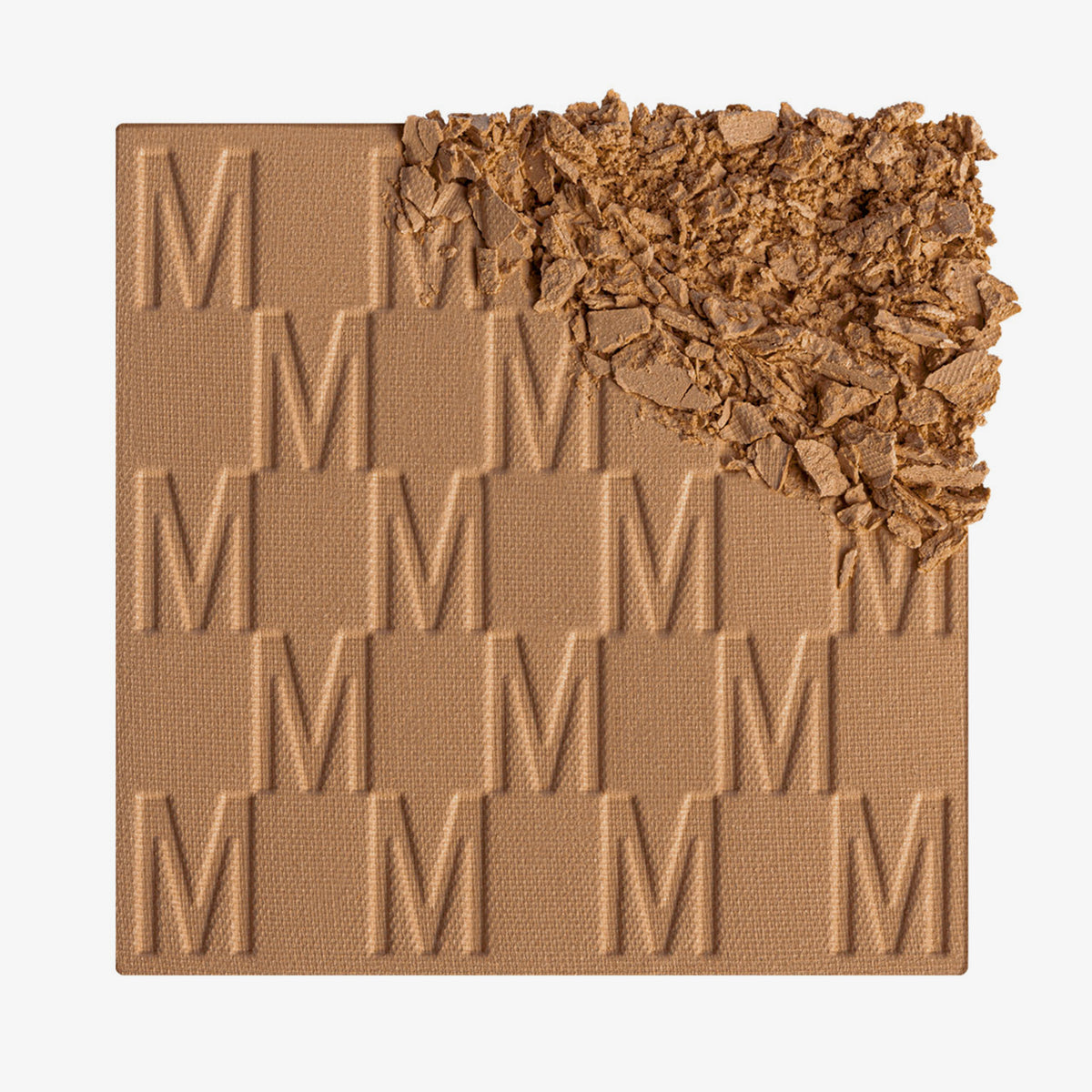 Der Bronzer Bronze Venus von Mesauda Beauty mit eingeprägtem M-Muster, die obere, rechte Ecke ist in losem Puder zerkleinert dargestellt.
