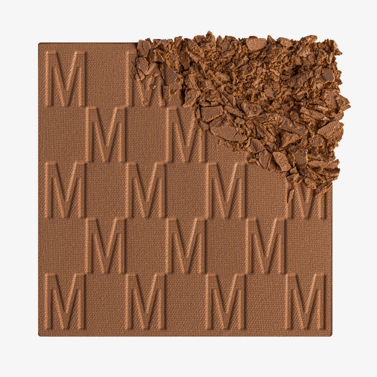 Der Bronzer Bronze Venus von Mesauda Beauty mit eingeprägtem M-Muster, die obere, rechte Ecke ist in losem Puder zerkleinert dargestellt.
