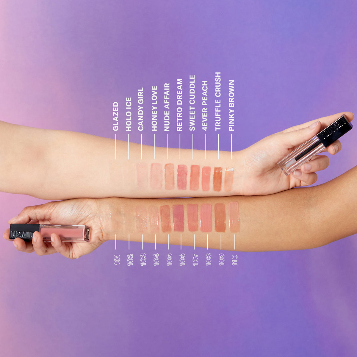 Zwei Arme die Swatches der verschiedenen Farben des Gloss Matrix Lipglosses von Mesauda Beauty präsentieren.