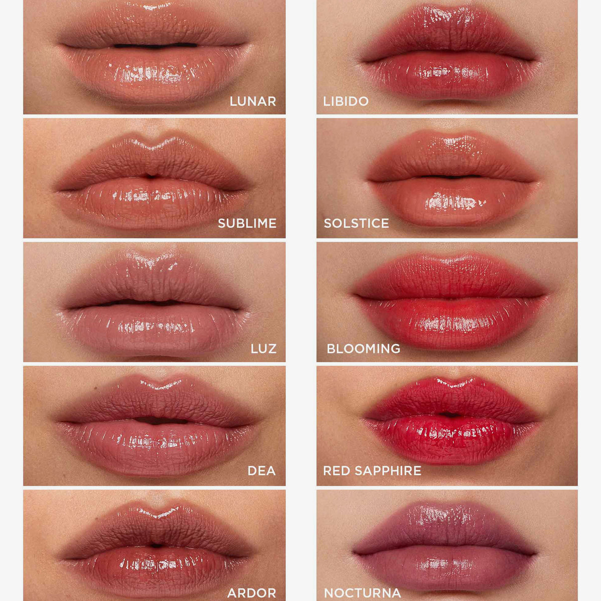 Übersicht aller Farben des Beyond Jelly Lipsticks – jede Nuance aufgetragen und präsentiert auf Lippen.