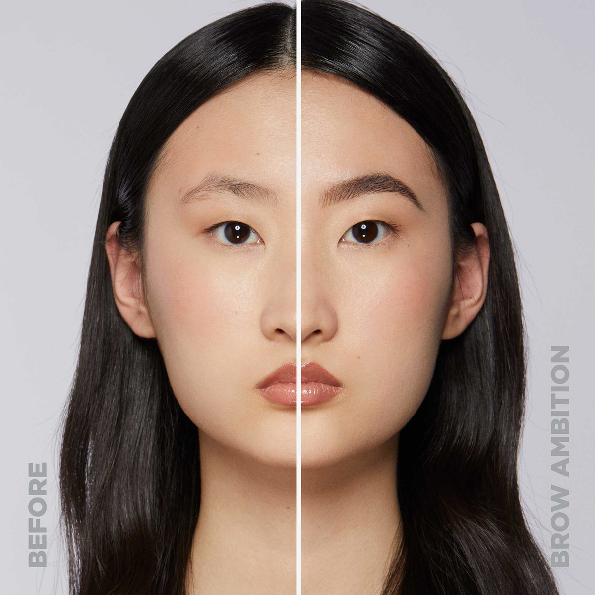Geteiltes Bild des Gesichts einer Frau, das nach der Verwendung von Brow Ambition links dünne und undichte Augenbrauen und rechts vollere, definierte Augenbrauen zeigt.