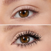 Nahaufnahme eines Auges vor (oben) und nach (unten) dem Auftragen von Vicious™ Mascara auf die Wimpern.