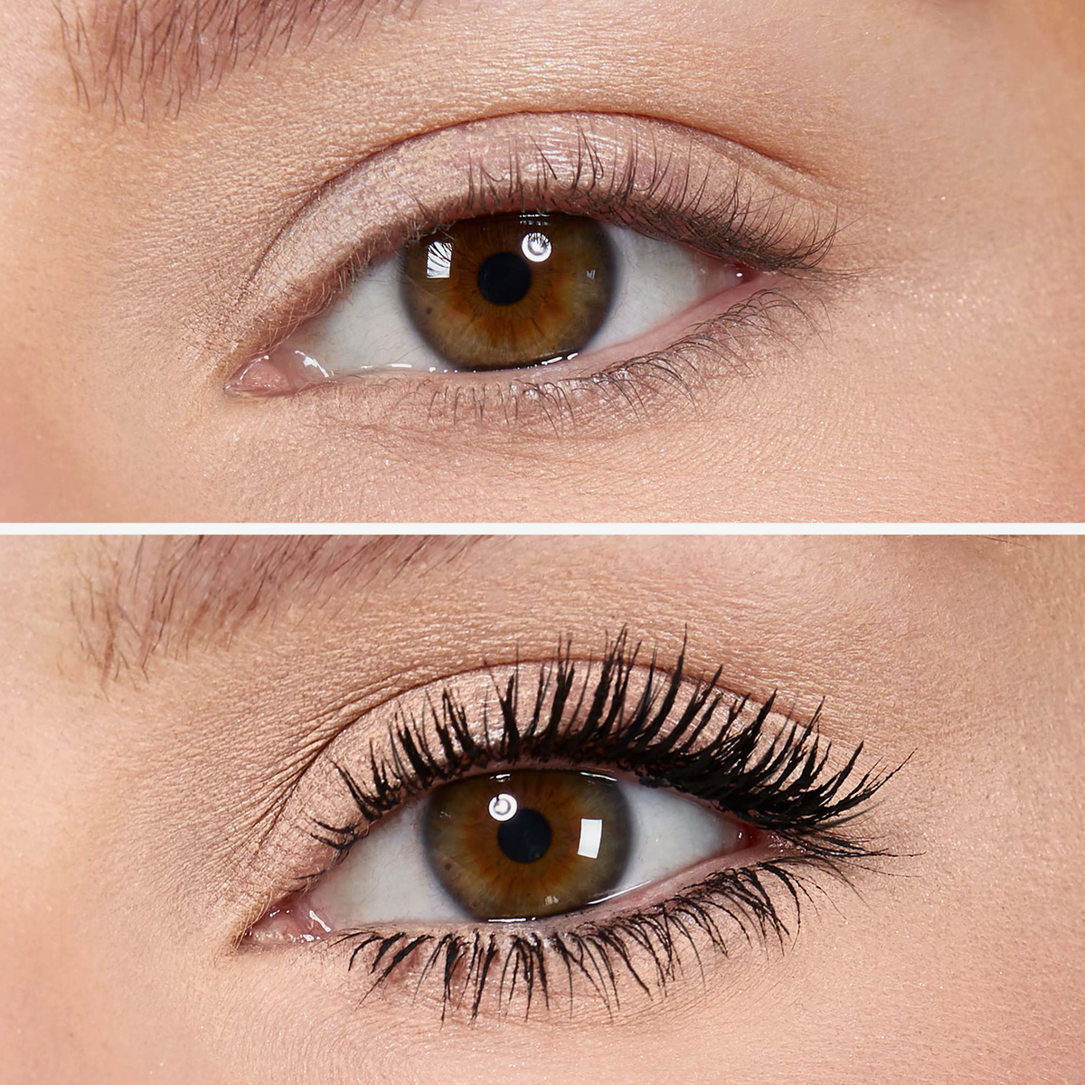 Nahaufnahme eines Auges vor (oben) und nach (unten) dem Auftragen von Vicious™ Mascara auf die Wimpern.
