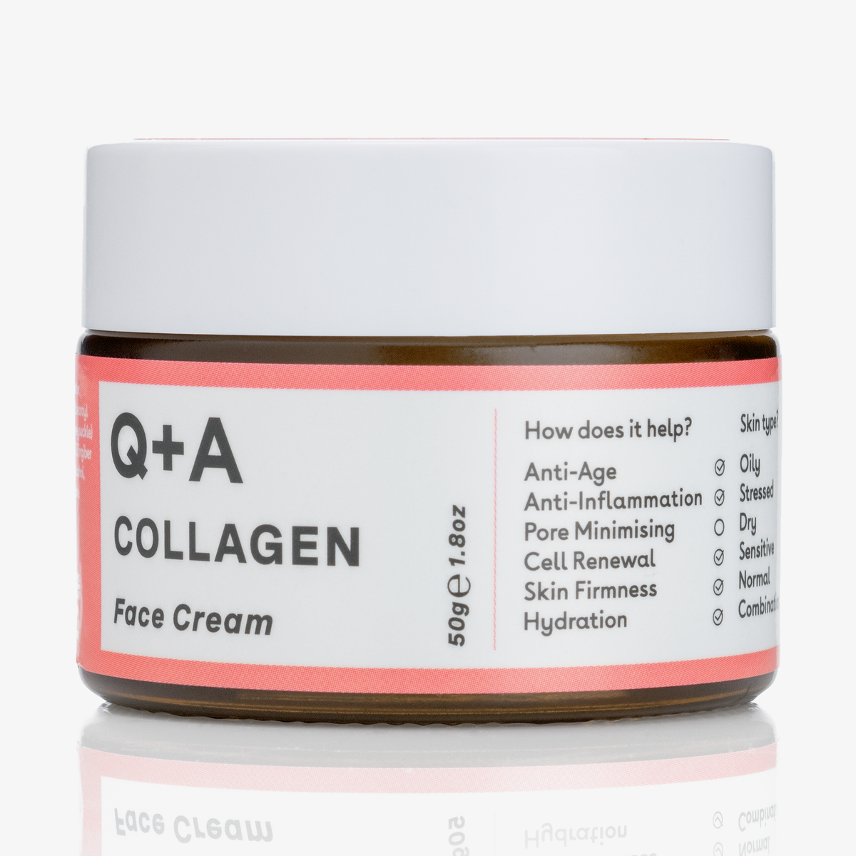 Ein Tiegel Collagen-Gesichtscreme mit auf dem Etikett aufgeführten Vorteilen und geeigneten Hauttypen.