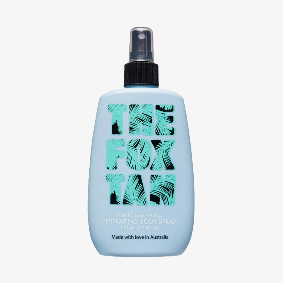 Das Fox Tan Hydrating Body Spray in Hellblau bietet einen Duft nach Island Coconut Mango und wird in einer 220-ml-Flasche geliefert.
