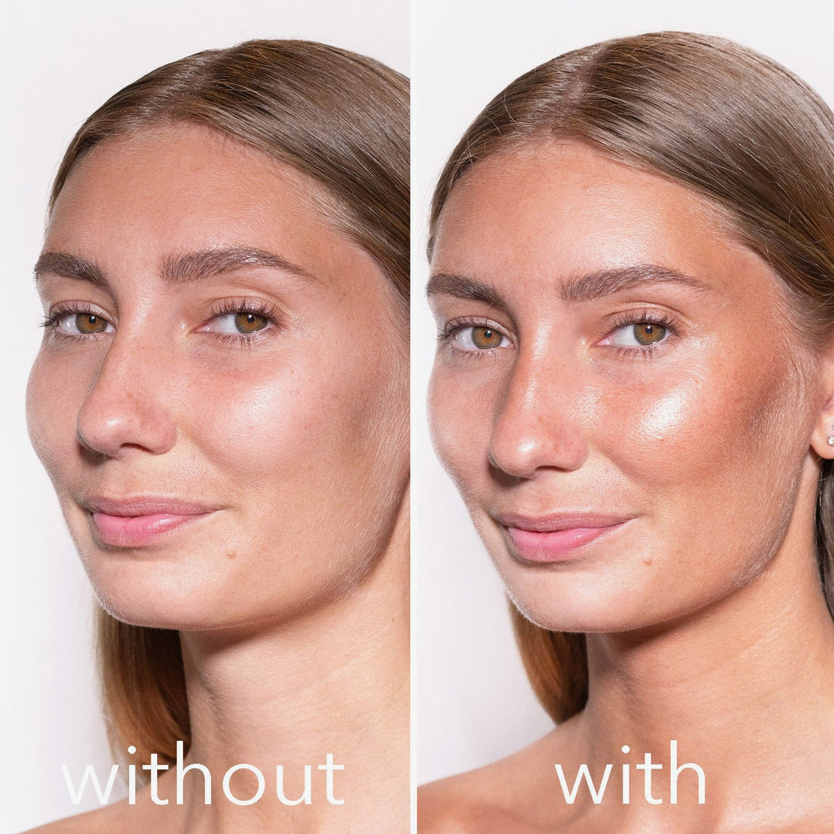 Nebeneinander einer Frau ohne (matt) und mit LH Cosmetics Shaping Light Desert Glow; nach Anwendung mit taufrischen, strahlenden Finish.