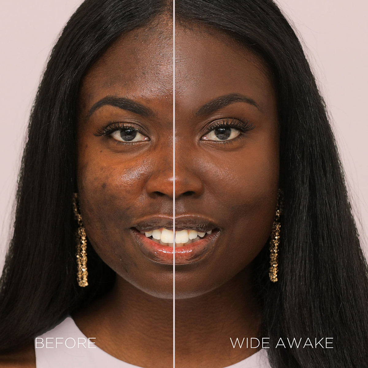 Geteiltes Bild des Gesichts einer Frau, das einen „Vorher“-Look und einen „Nachher“-Look mit Wide Awake Full Coverage Concealer für eine dramatische, hellwache Make-up-Transformation zeigt.