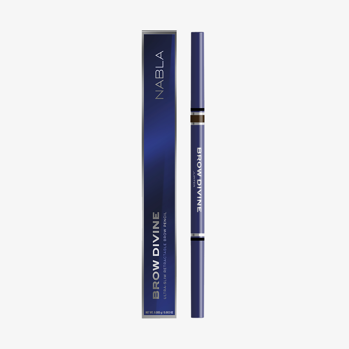 Ein Brow Divine Augenbrauenstift in Marineblau wird neben der passenden rechteckigen Box auf weißem Hintergrund platziert.